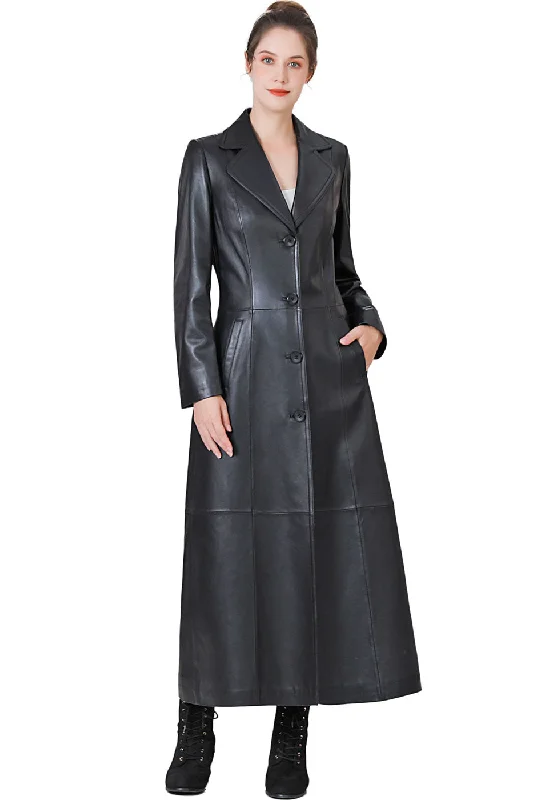 BGSD Monogram Collection Women Lambskin Leather Maxi Coat Structured Wool Blazer