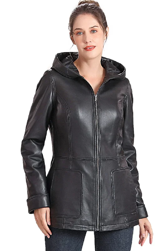 BGSD Women Cara Hooded Lambskin Leather Coat Longline Wool Coat