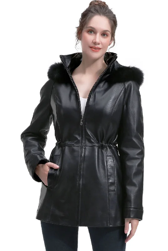 BGSD Women Uzima Lambskin Leather Hooded Parka Coat Quilted Puffer Jacket