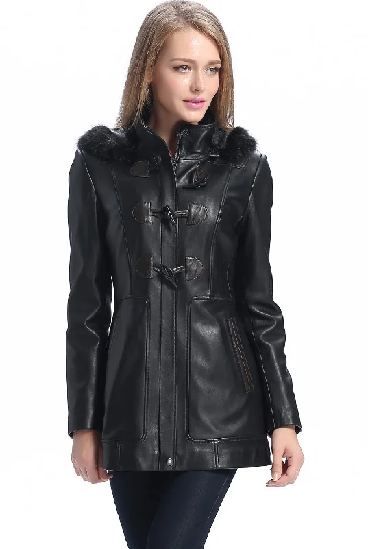 BGSD Women Amanda Hooded Lambskin Leather Toggle Coat Insulated Snow Jacket