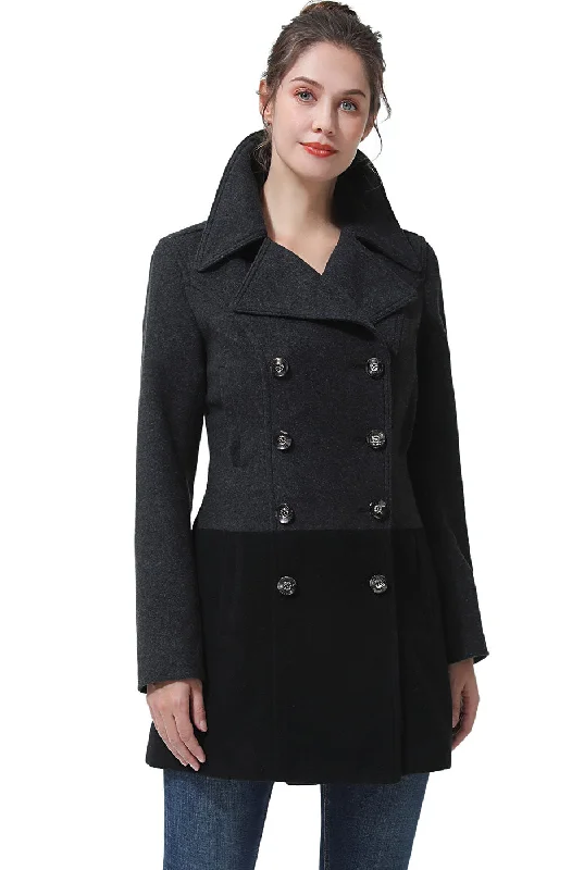 BGSD Women Gem Color Block Wool Pea Coat Fleece Lined Windbreaker
