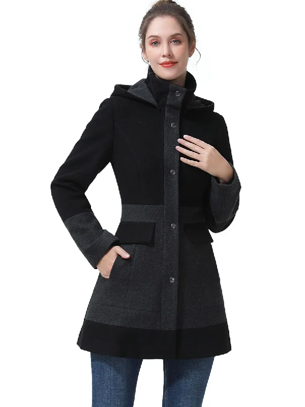 BGSD Women Gia Color Block Hooded Wool Coat Embroidered Kimono Coat