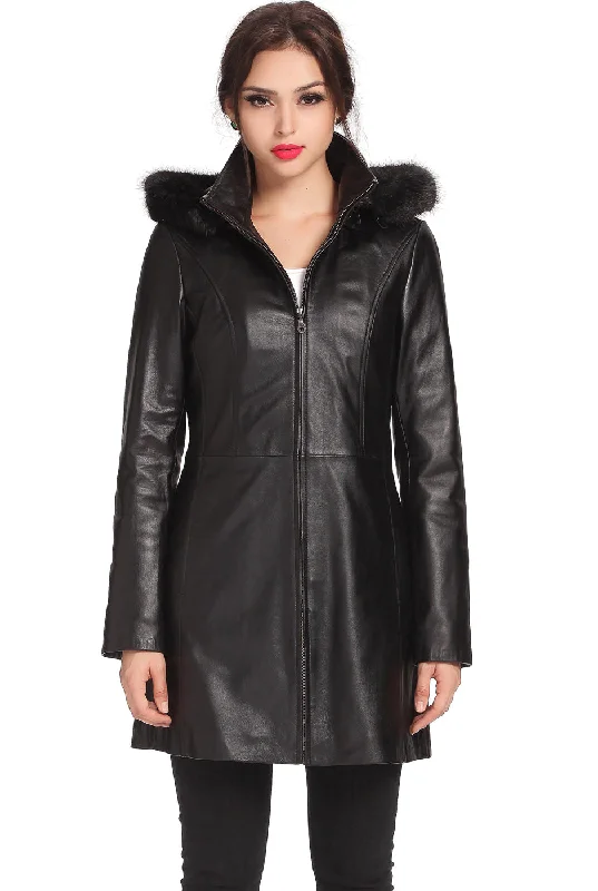 BGSD Women Irene Hooded Lambskin Leather Coat Soft Flannel Shacket
