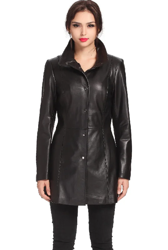 BGSD Women Jocelyn Lambskin Leather Car Coat Draped Collar Cardigan