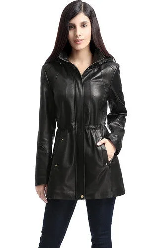 BGSD Women Natalie Hooded Lambskin Leather Coat Plush Faux Fur Bolero