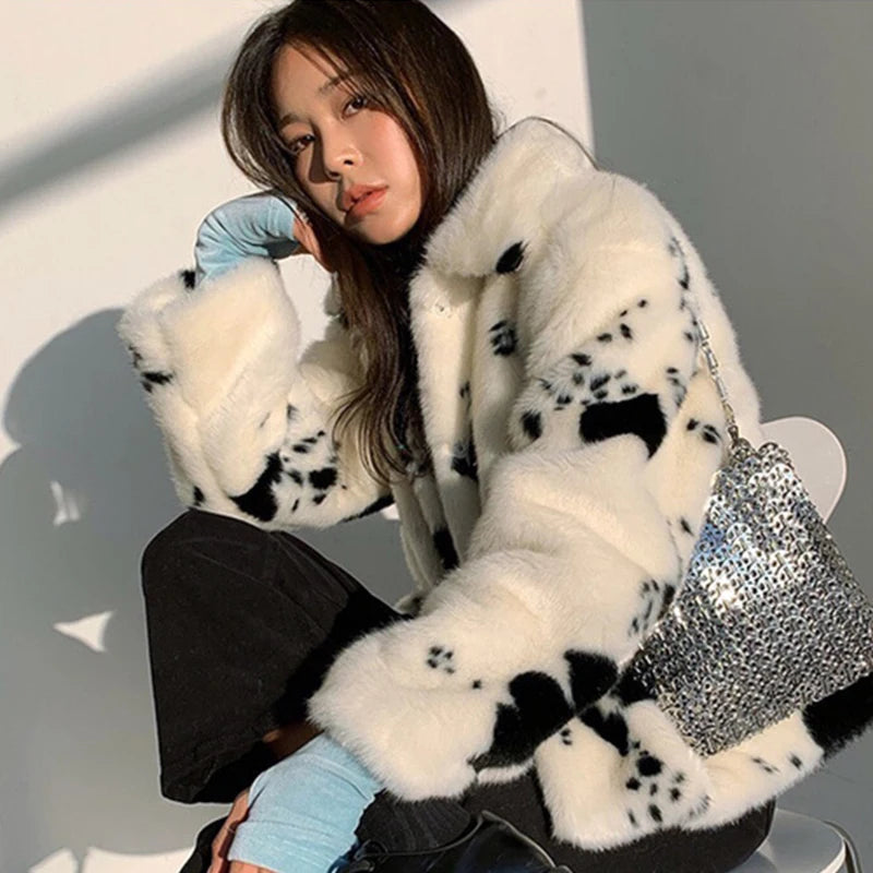 Black and White Cow Pattern Faux Mink Fur Coat for Women Lightweight Windbreaker