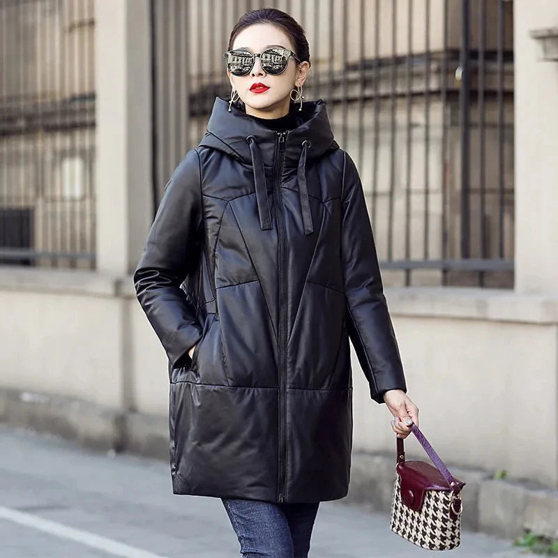 Cozy Pu Leather Winter Coat Hooded Parka With Windproof And Warm Warm Down Parka