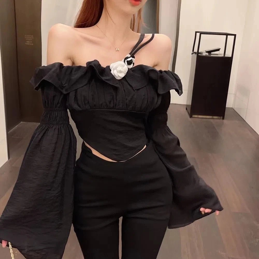 Elegant Ruffled Off-Shoulder Shirt - Long Flared Sleeve Outerwear Top Fur-Lined Aviator Coat