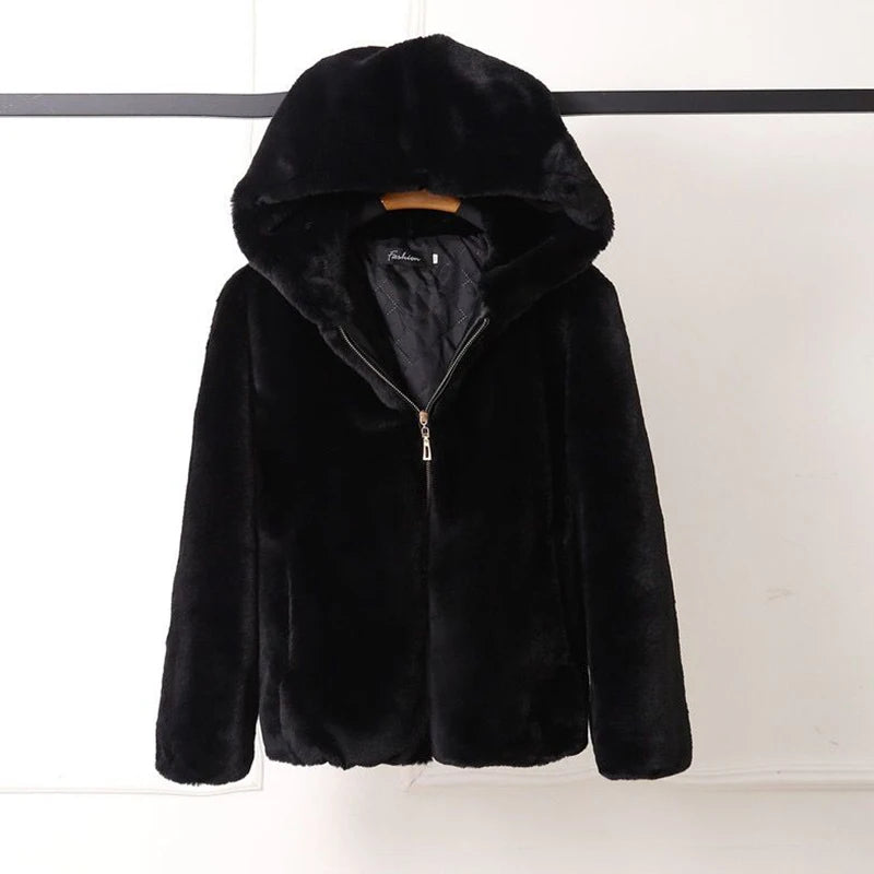 Luxury Faux Rabbit Fur Hooded Coat for Women Waterproof Rain Jacket