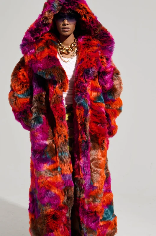 UPSETTER MAXI FAUX FUR COAT IN PINK MULTI Soft Cashmere Wrap